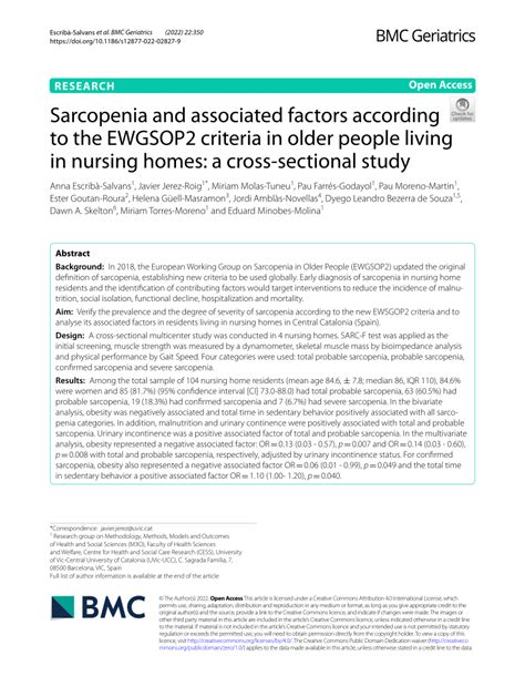 Pdf Sarcopenia And Associated Factors According To The Ewgsop2