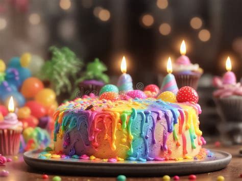 Colorful Rainbow Birthday Cake with Birthday Candles. a Party Stock ...