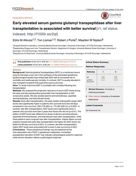 [PDF] Early elevated serum gamma glutamyl transpeptidase after liver transplantation is ...