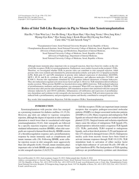 Pdf Roles Of Islet Toll Like Receptors In Pig To Mouse Islet