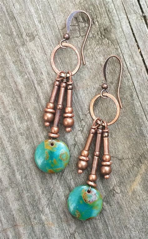 Copper And Green Dangle Drop Earrings Boho Jewelry Boho Earrings