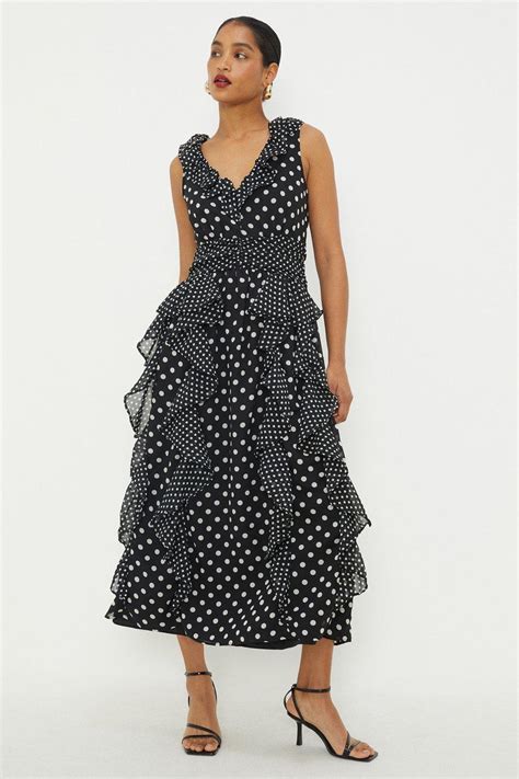 Dresses Chiffon Mixed Spot Ruffle Midi Dress Dorothy Perkins