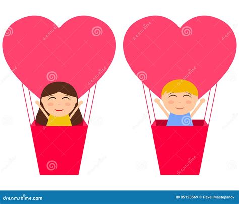 Boy And Gerl Sitting In Hot Air Balloon In The Shape Of Heart Stock Vector Illustration Of