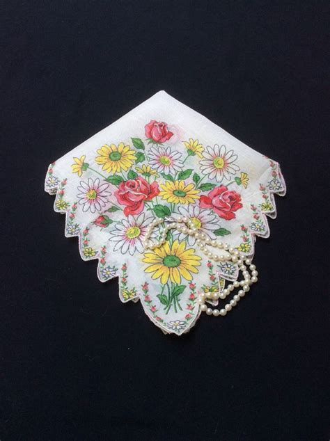 Floral Handkerchief Flower Hankerchief Red Roses And Yellow Etsy Vintage Handkerchiefs