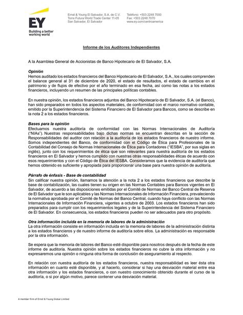 Informe Anual De Auditor Ext Banco Hipotecario De El Salvador