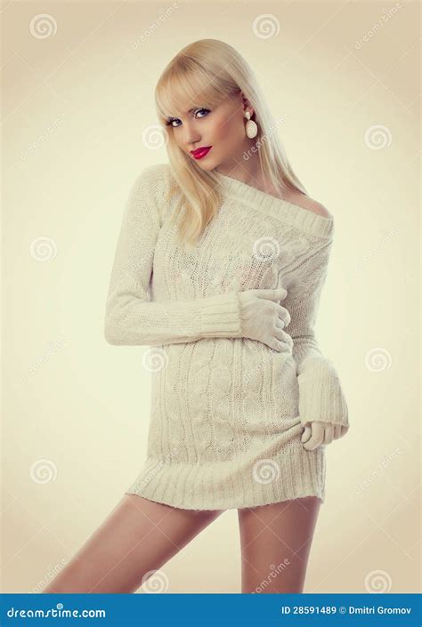 Pretty Blonde Woman In Knitted Dress Royalty Free Stock Images Image