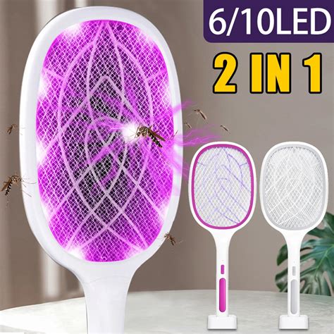 3000v Electric Flies Swatter Killer Fly Zapper Racket With Uv Lamp Rechargeable Mosquito Trap