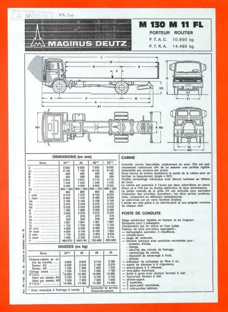 MAGIRUS DEUTZ FICHE TECHNIQUE PORTEUR TRACTEUR 310 D192 De 1972 EUR