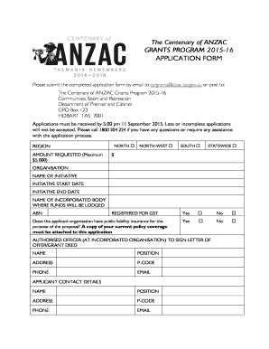 Fillable Online Centenaryofanzac Tas Gov The Centenary Of ANZAC GRANTS