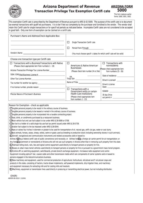 Fillable Arizona Form 5000 Transaction Privilege Tax Exemption Certificate Printable Pdf Download