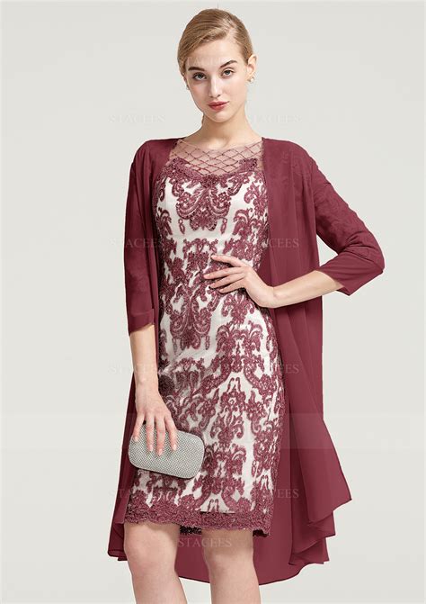 Sheath Column Bateau Half Sleeve Knee Length Chiffon Mother Of The