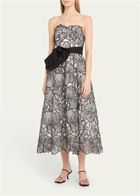 Marchesa Notte Strapless Floral Embroidered Bow Midi Dress Bergdorf