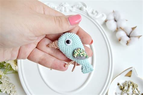 Crochet Brooch Crochet Birds Crochet Applique Beaded Brooch Crochet