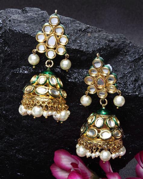 Green Meena Kundan Jhumka By Dugri Style The Secret Label