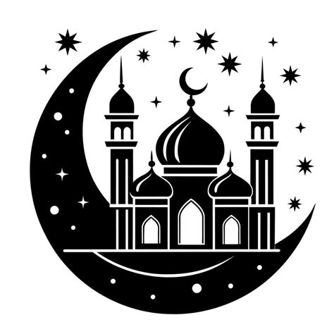 Crescent Moon And Stars With Black And White Mosque Vector Art