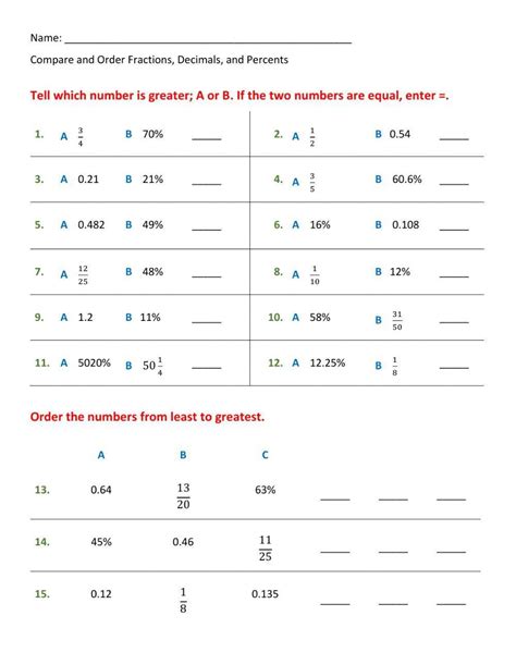 Compare And Order Decimals Percents And Fractions Worksheets Worksheets Library