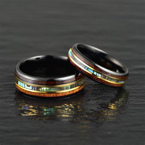 Mens Ring Koa Wood Abalone Shell Black Tungsten Mens Wedding Band Abalone Shell Koa Wood Inlay