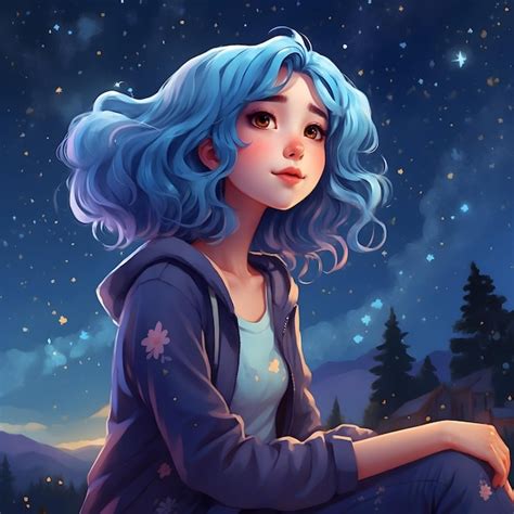 Premium AI Image | Cartoon Girl with Blue Hair under a Starry Sky