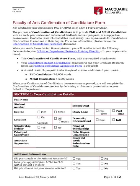 Faculty Of Arts Confirmation Of Candidature Doc Template Pdffiller