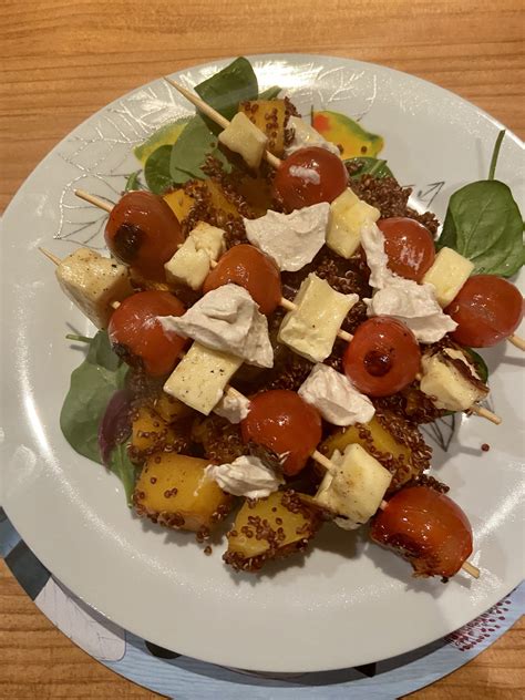 Chef Ray Haloumi Tomato Kebabs With Roast Pumpkin Quinoa Tahini