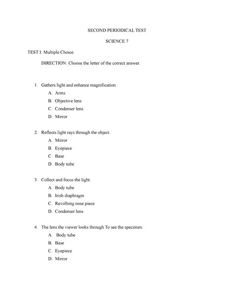 Group 2 Test Items 2nd Quarter Grade 7 Second Periodical Test Science 7 Test I Multiple