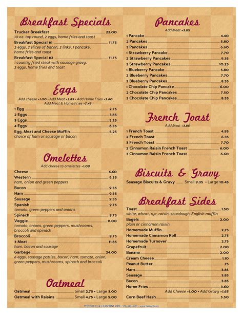 Longways Diner Menu Fasprint Menus