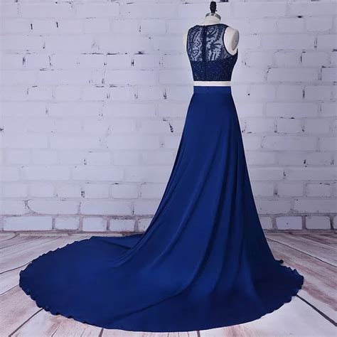 Two Piece Prom Dresses Scoop Beading A Line Sweep Train Long Prom Dres