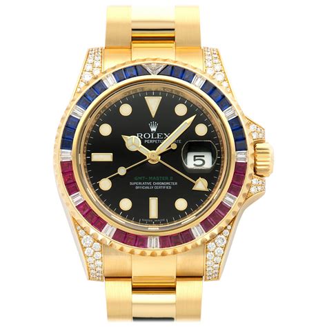 Rolex Yellow Gold Sapphire Ruby Diamond GMT Master II Wristwatch Ref