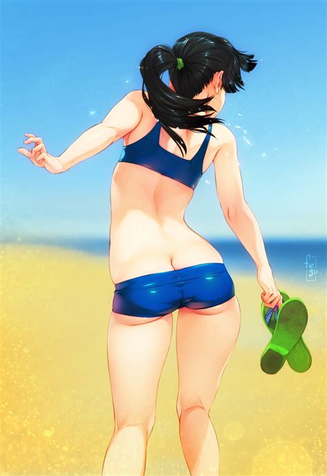 Wallpaper Feguimel Original Characters Ass Beach Ponytail