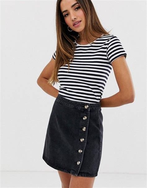 Asos Design Denim Wrap Skirt With Side Buttons In Black Denim Wrap