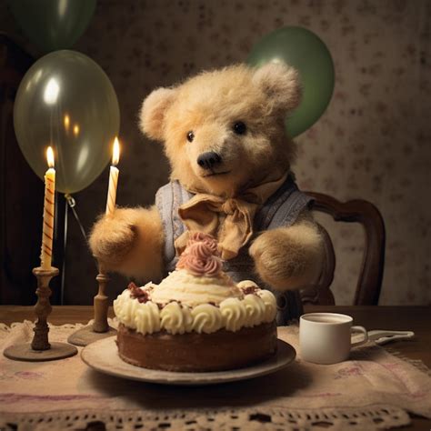 Premium Photo There Is A Teddy Bear Sitting At A Table With A Cake