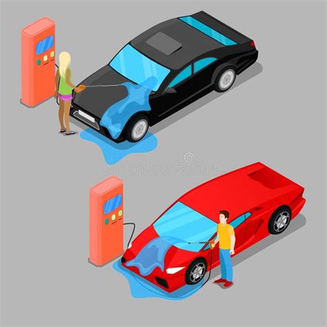 Isometric Hand Car Wash Driver Washing Car Stock Vector Illustration