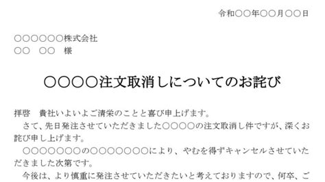 お詫び状（注文取消）のテンプレート・例文：ワード（word） テンプレート・フリーbiz