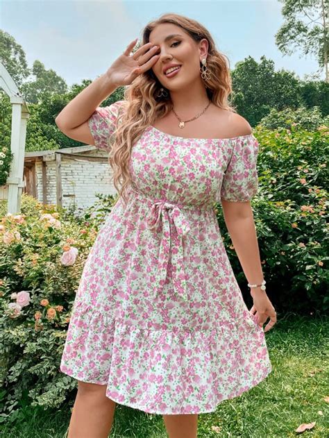 Plus Floral Print Off Shoulder Ruffle Hem Belted Dress Shein Usa