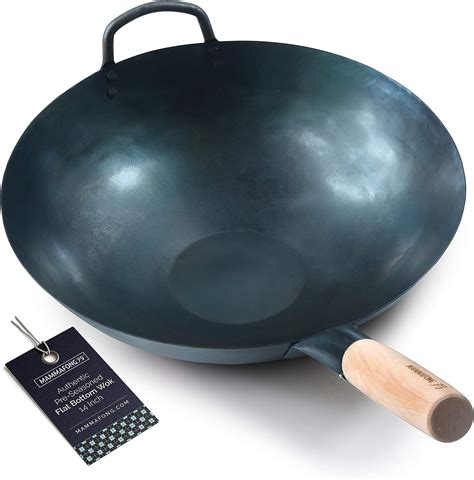 Mammafong Pre Seasoned Blue Carbon Steel Flat Bottom Wok Inch