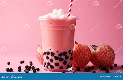 Trendy Pink Bubble Tea With Tapioca Pearls In A Clear Cup With Straw