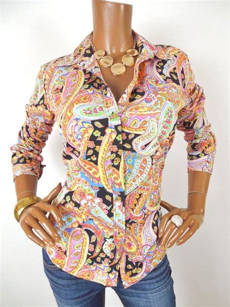 Chaps Womens Top M Button Down Shirt Multi Colored Paisley Casual Long