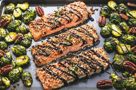 Sheet Pan Pecan Crusted Salmon With Brussels Sprouts American Pecans