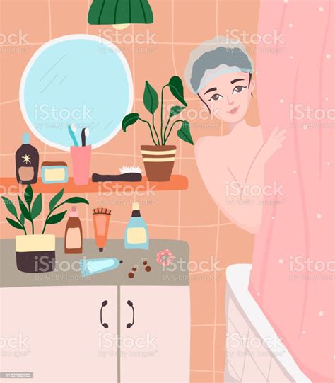 Beautiful Young Woman Standing In Bathroom And Taking Shower Stock Illustration Download Image