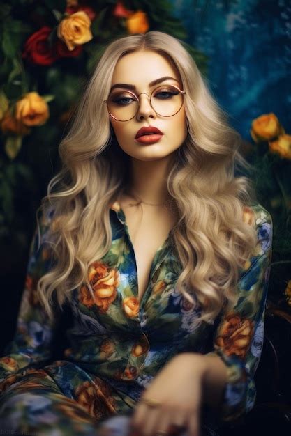 Premium Ai Image A Woman With Blonde Hair And Glasses In A Floral Dress