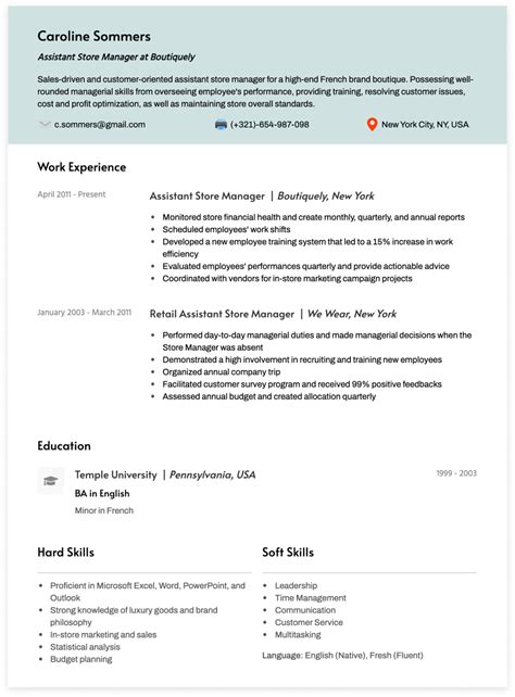 Assistant Manager Resume Job Descriptions Resume Examples And Templates Cakeresume