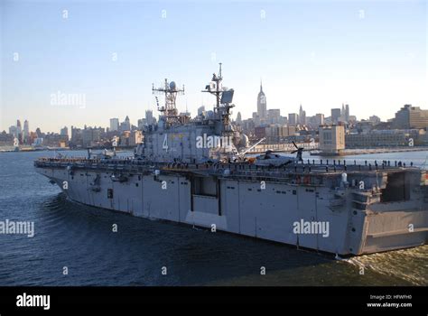 The amphibious assault ship USS Nassau (LHA-4) arrives in New York City for the annual Columbus ...