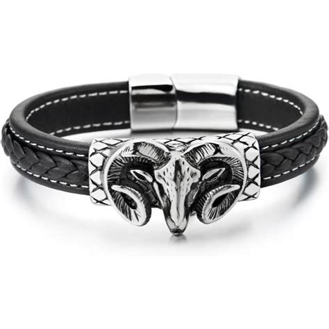 Grande Corne Mouton Bracelet En Cuir Tress Pour Homme Acier