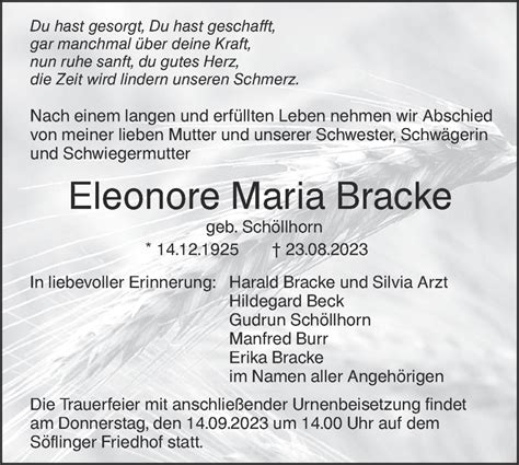 Traueranzeigen Von Eleonore Maria Bracke S Dwest Presse Trauer