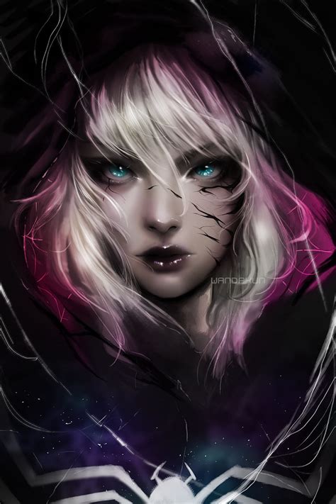 5K 무료 다운로드 흰 머리 여자 삽화 Spider Gwen portrait display 팬 아트 디지털 아트 파란 눈