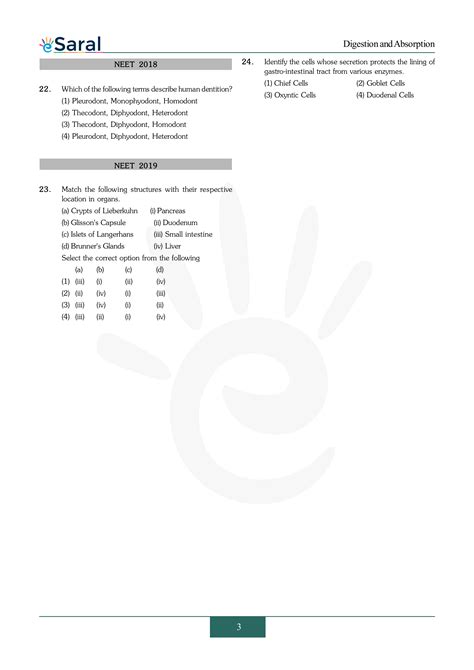 Digestion And Absorption NEET Previous Year Questions With Complete