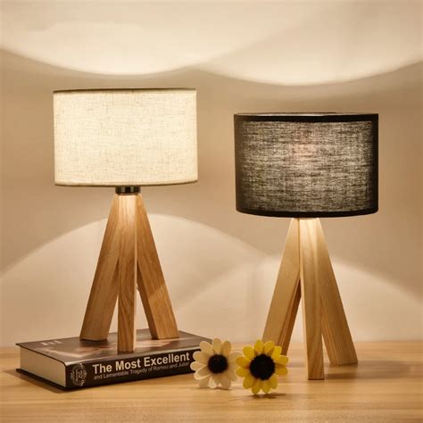 LED Wooden Table Lamp Fabric Lampshade Wood Bedside Desk Lights Modern