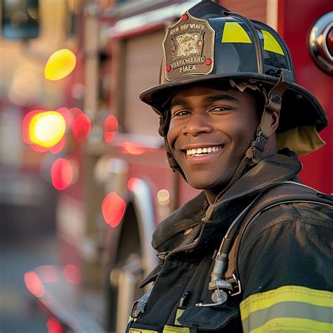 Firefighter Portrait On Duty Photo Of Happy Fireman With Gas Mask And