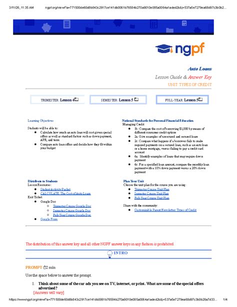 Ngpf Compare Auto Loans Answer Key