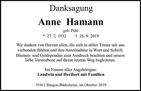 Traueranzeigen Von Anne Hamann Vrm Trauer De